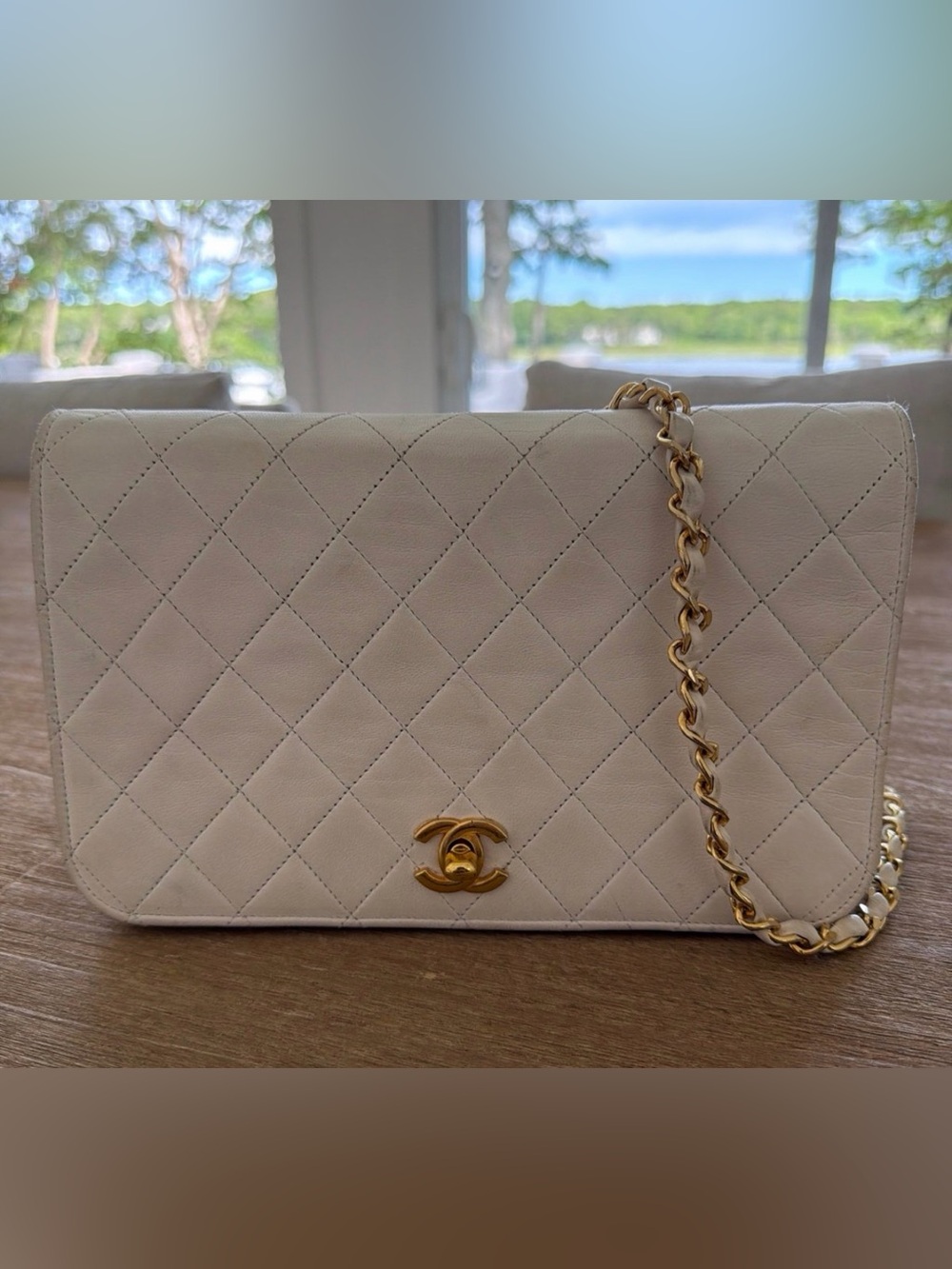 CHANEL Quilted Lambskin Shoulder Bag in Cream with Gold Hardware
